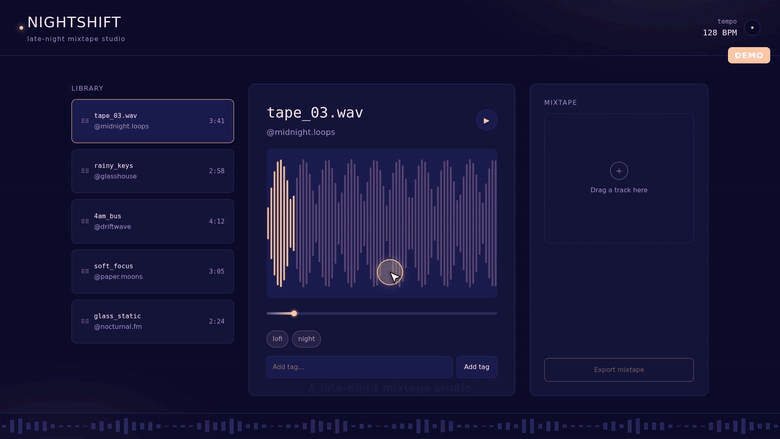 Nightshift, a lo-fi mixtape studio app: a track plays and its waveform animates, a tag is added, a track is dragged into the mixtape